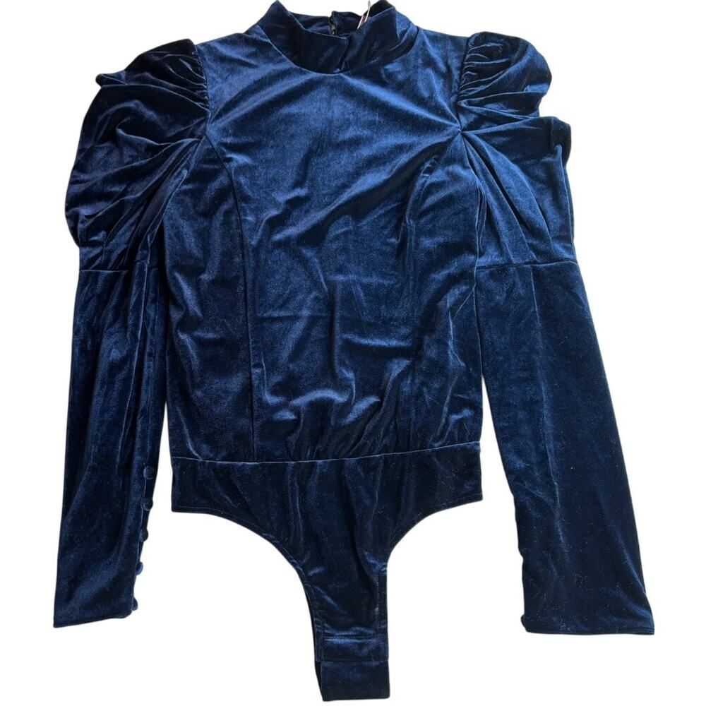 NWT USA Made MISA Bodysuit Blue Velvet 100% Viscose Puff Sleeve S